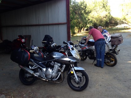 Out back of the pub and ready to head off.